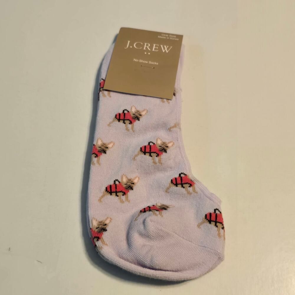 J Crew No Show Socks Womens One Size Blue Frenchie Dog Print NWT